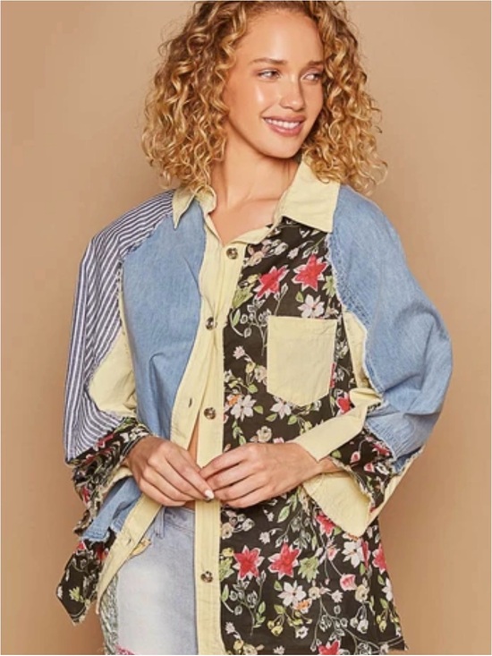 POL Tops - POL Patchwork Floral & Denim Mix Button-Down Shirt - Yellow/Blue/Black/Red